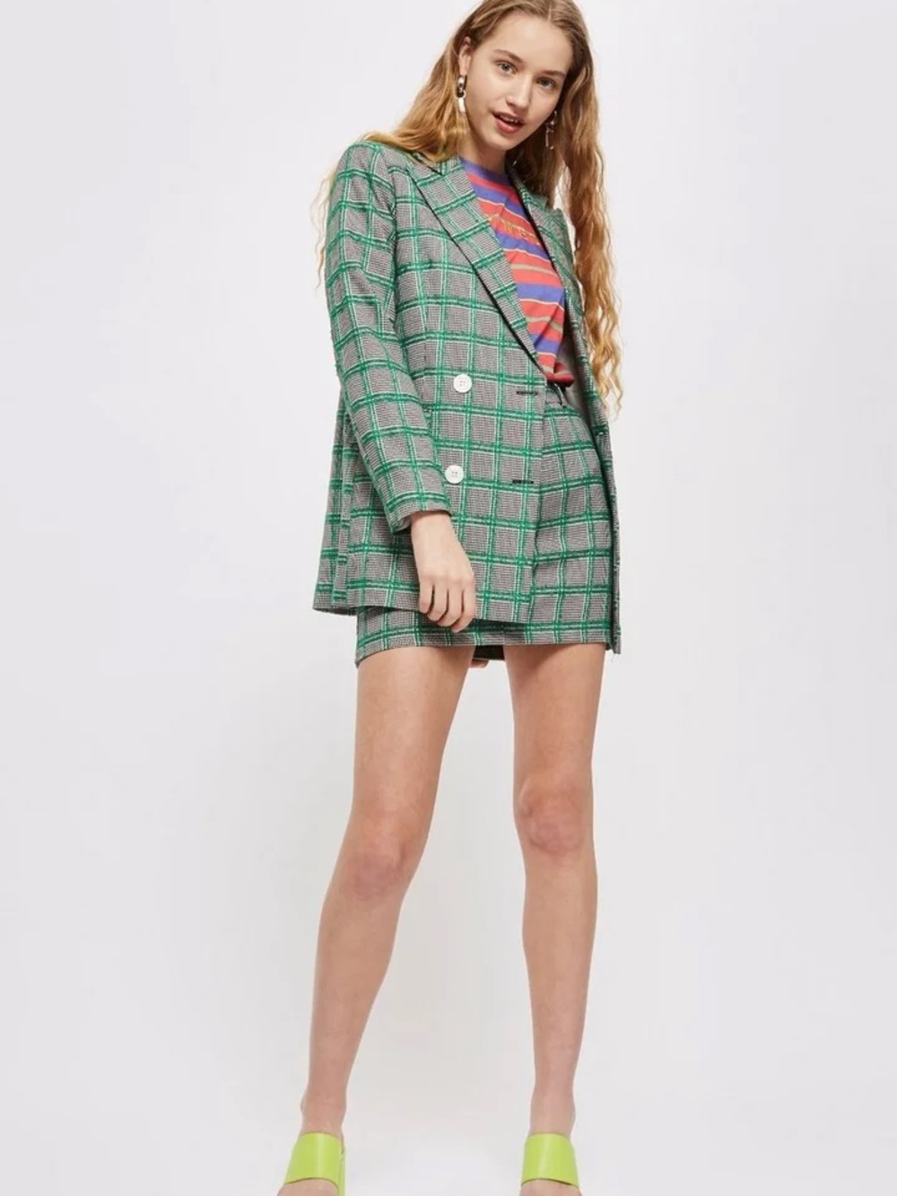 Green Plaid Houndstooth Double-Breasted Blazer Jacket